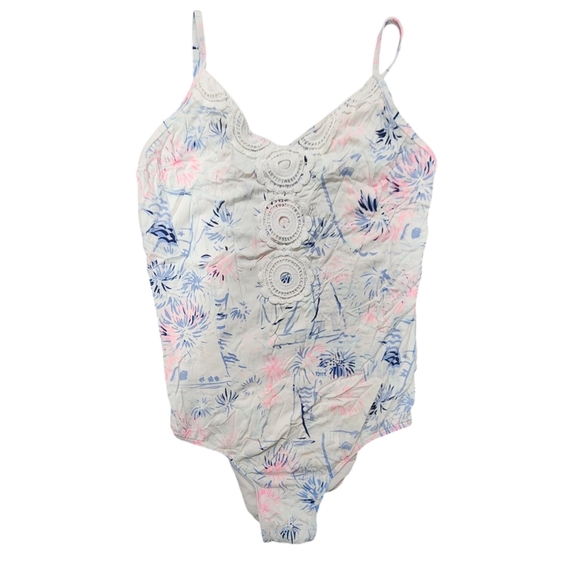 Lilly Pulitzer Size 10 Pink Blue White Crochet-Trimmed Swimsuit - Picture 1 of 3